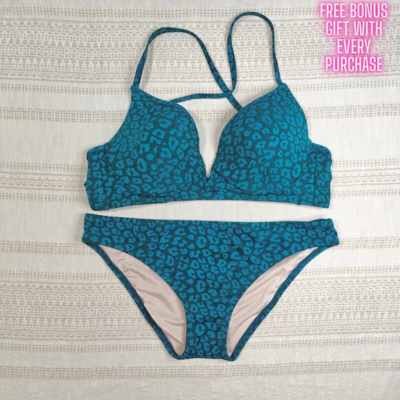 Shade & Shore Blue Leopard Bikini 2-Piece Swimsuit Size L/34D New - Picture 1 of 5